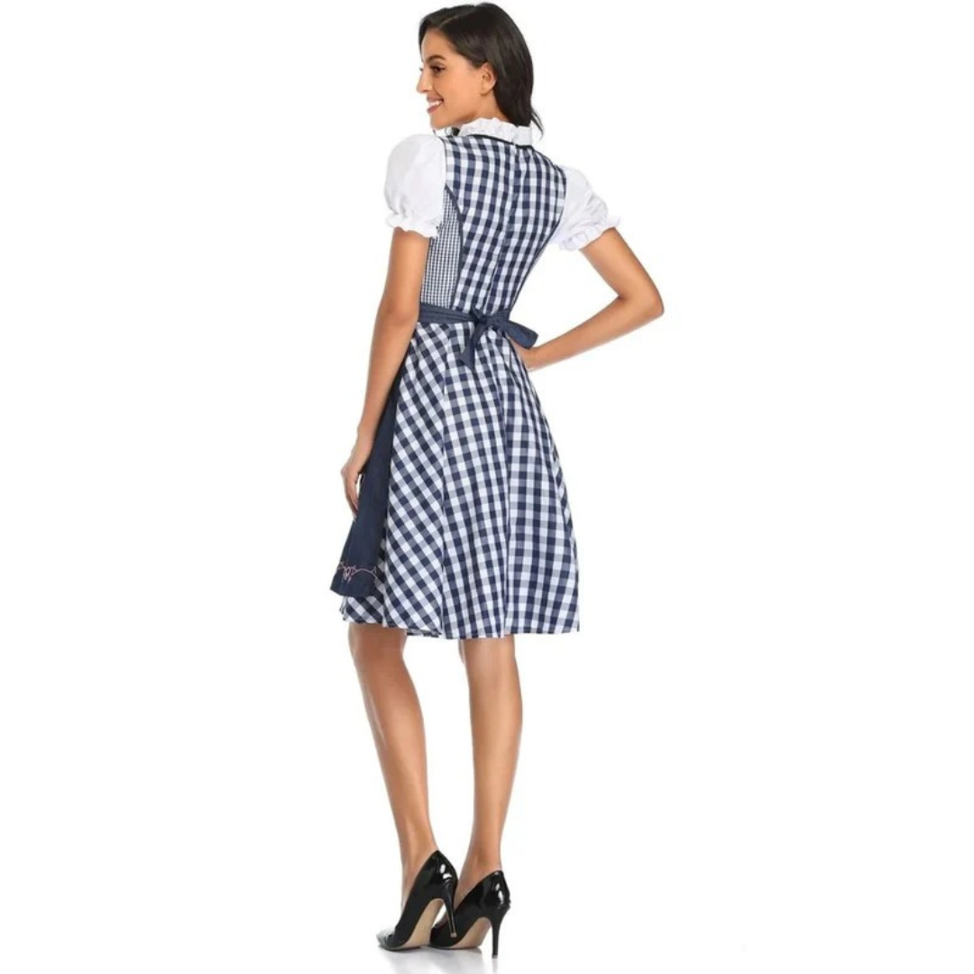 Navy and white gingham dirndl with dark apron bow at the waist, back view.