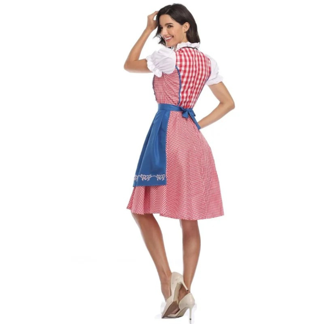 Red gingham dirndl with blue apron bow, back view.