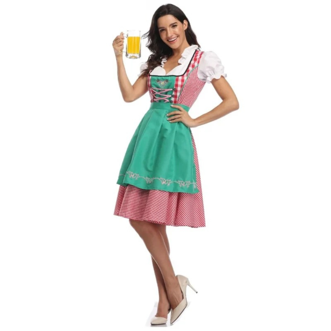 Red gingham dirndl with green apron, full-length front view.