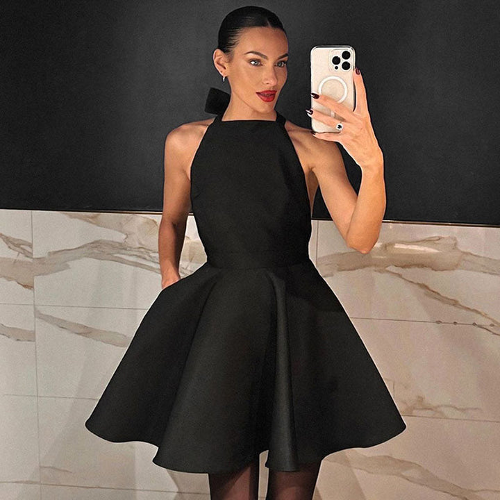 Satin Cocktail Dress with Flared Cut - Valeria-Black-XS-Nora Luxe
