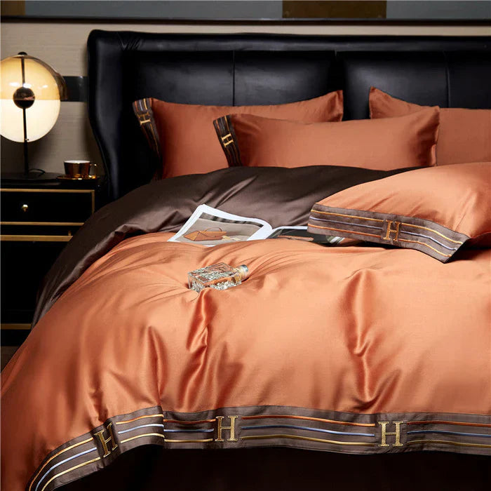 Satin Cotton Embroidered Bedding Set - Luxora-Orange-53.15 × 78.74 in-53.15 × 78.74 in-Nora Luxe