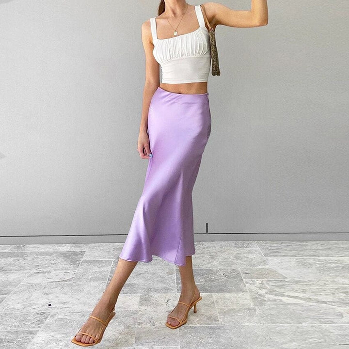 Satin shimmering women's midi skirt in A-line with high waist – Liora-Black-S-Nora Luxe