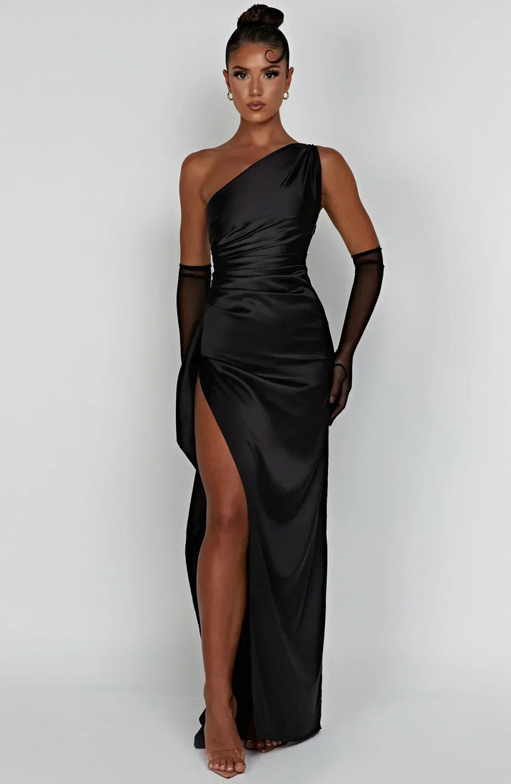 Satin Split Dress with One Shoulder - Vivienne-Black-XS-The Livary