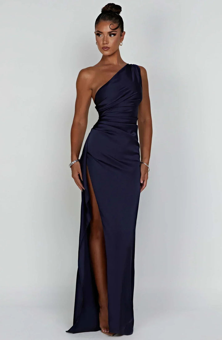 Satin Split Dress with One Shoulder - Vivienne-Dark blue-XS-The Livary