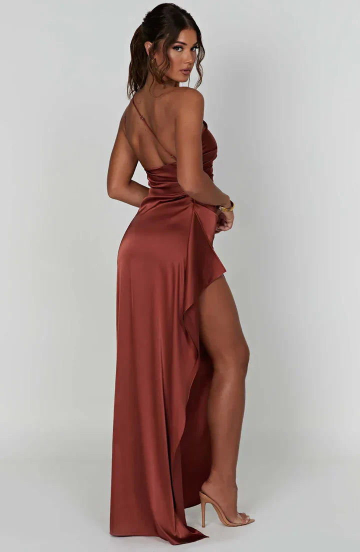 Satin Split Dress with One Shoulder - Vivienne-Red-XS-The Livary