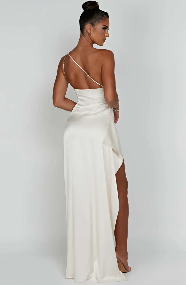 Satin Split Dress with One Shoulder - Vivienne-Red-XS-The Livary