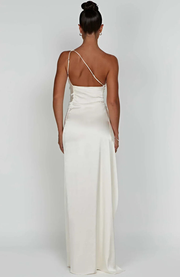 Satin Split Dress with One Shoulder - Vivienne-Red-XS-The Livary