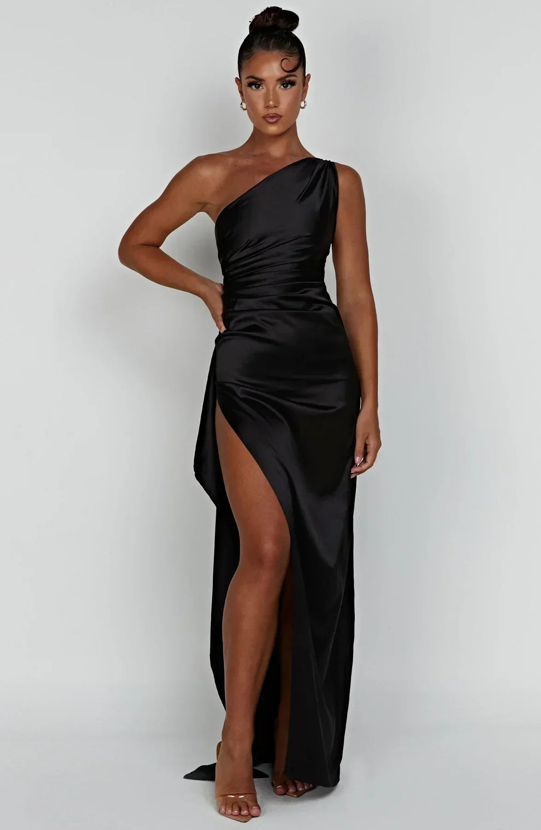 Satin Split Dress with One Shoulder - Vivienne-Red-XS-The Livary