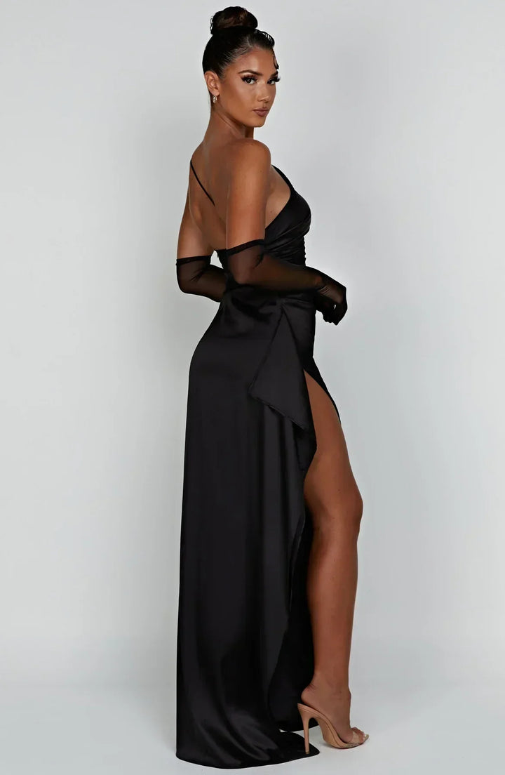 Satin Split Dress with One Shoulder - Vivienne-Red-XS-The Livary