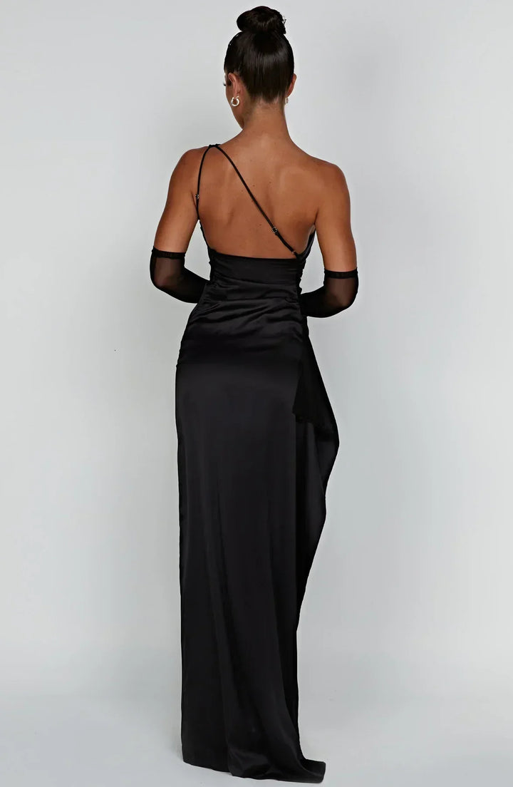 Satin Split Dress with One Shoulder - Vivienne-Red-XS-The Livary