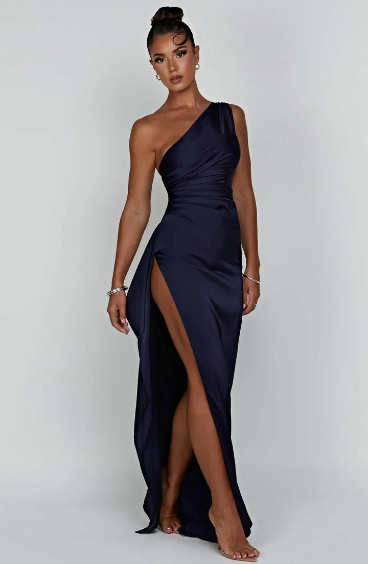 Satin Split Dress with One Shoulder - Vivienne-Red-XS-The Livary