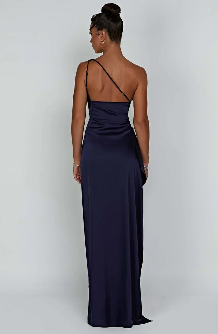 Satin Split Dress with One Shoulder - Vivienne-Red-XS-The Livary