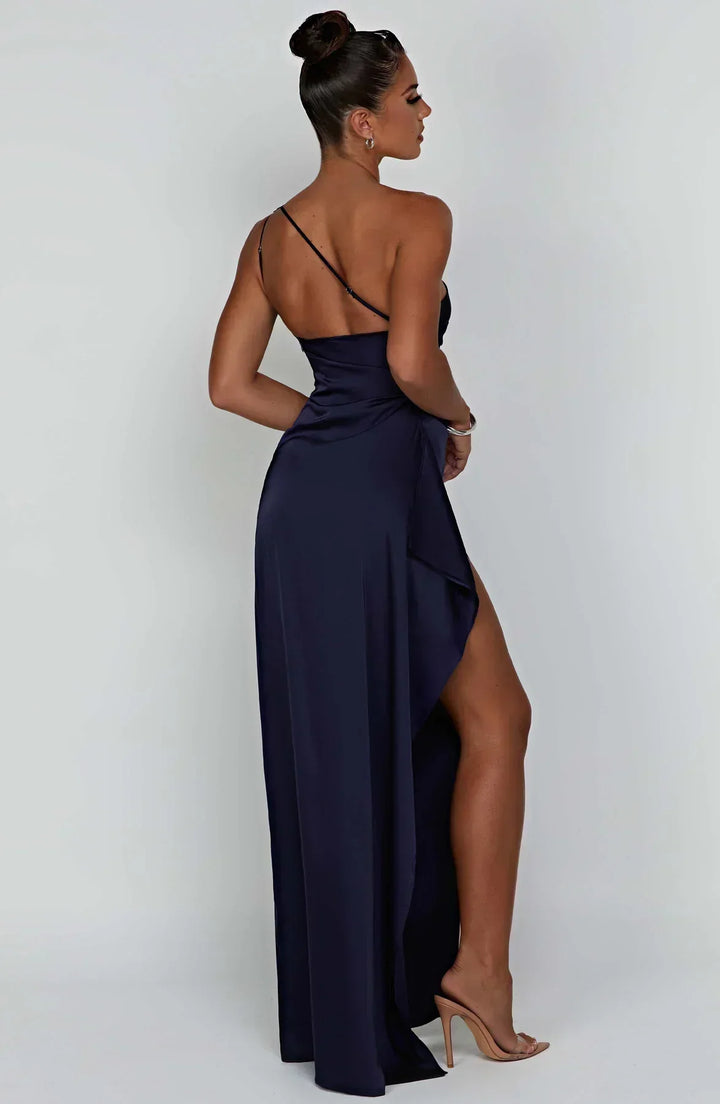 Satin Split Dress with One Shoulder - Vivienne-Red-XS-The Livary