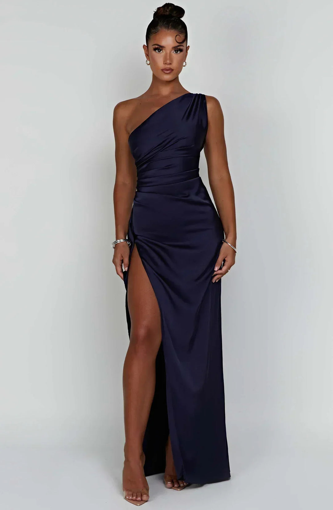 Satin Split Dress with One Shoulder - Vivienne-Red-XS-The Livary