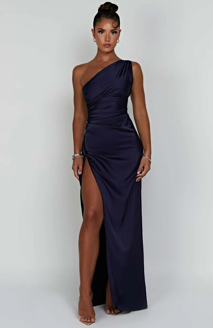 Satin Split Dress with One Shoulder - Vivienne-Red-XS-The Livary