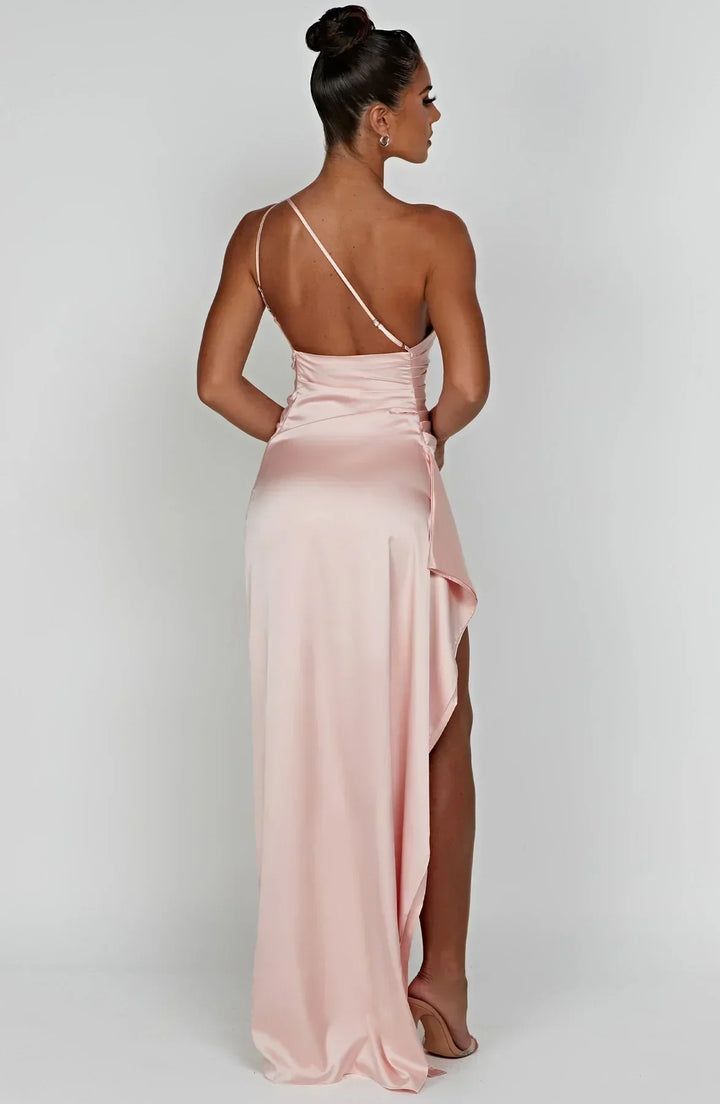 Satin Split Dress with One Shoulder - Vivienne-Red-XS-The Livary