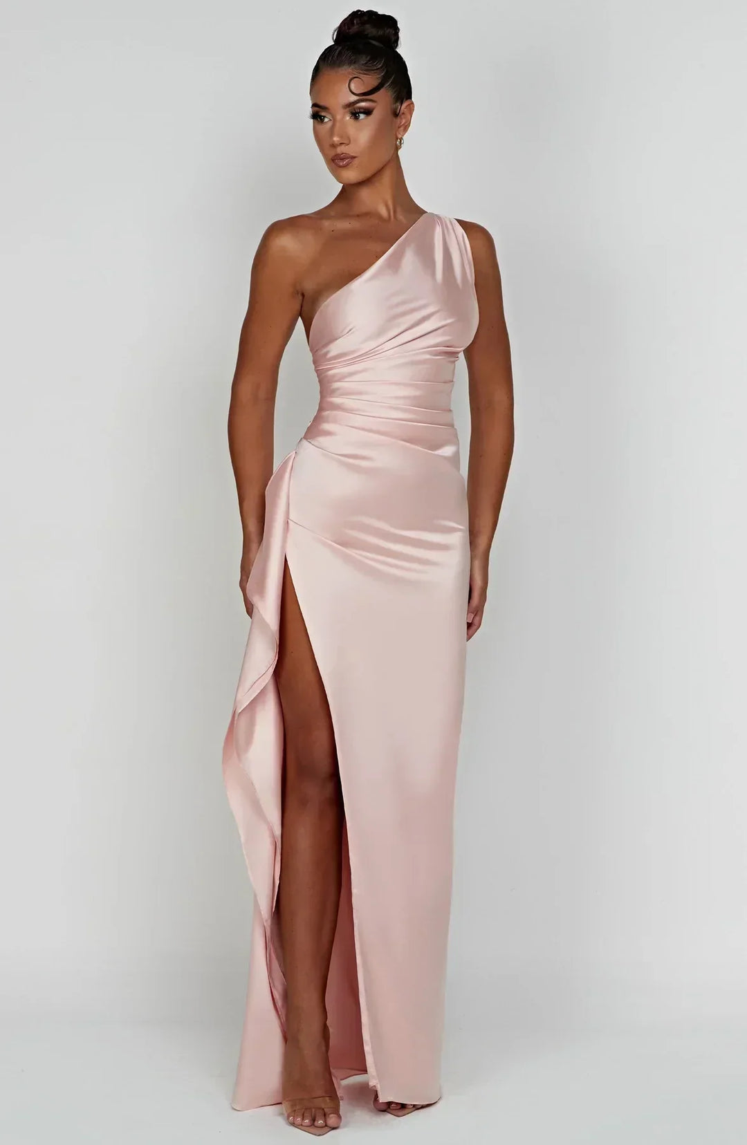 Satin Split Dress with One Shoulder - Vivienne-Red-XS-The Livary