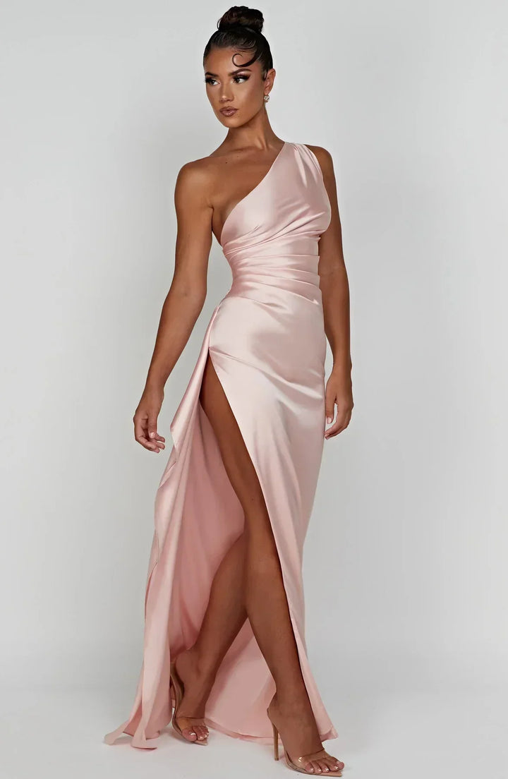 Satin Split Dress with One Shoulder - Vivienne-Red-XS-The Livary