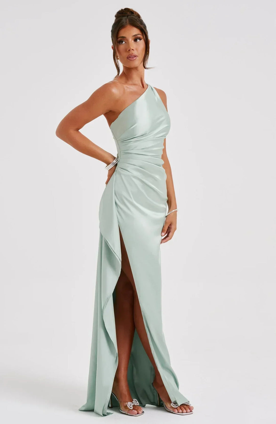 Satin Split Dress with One Shoulder - Vivienne-Red-XS-The Livary