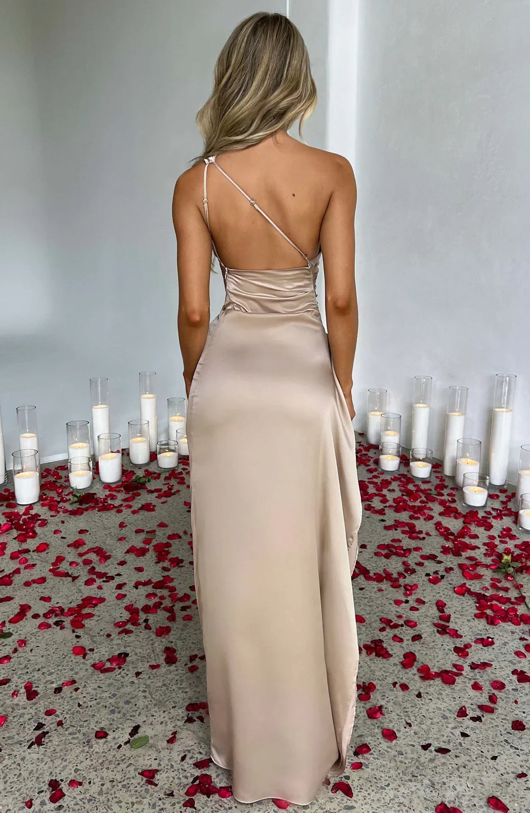 Satin Split Dress with One Shoulder - Vivienne-Red-XS-The Livary