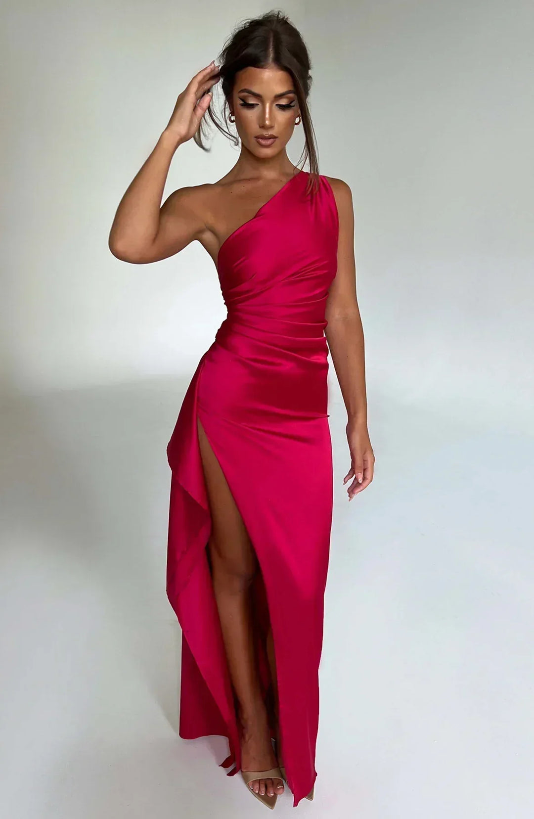 Satin Split Dress with One Shoulder - Vivienne-Red-XS-The Livary