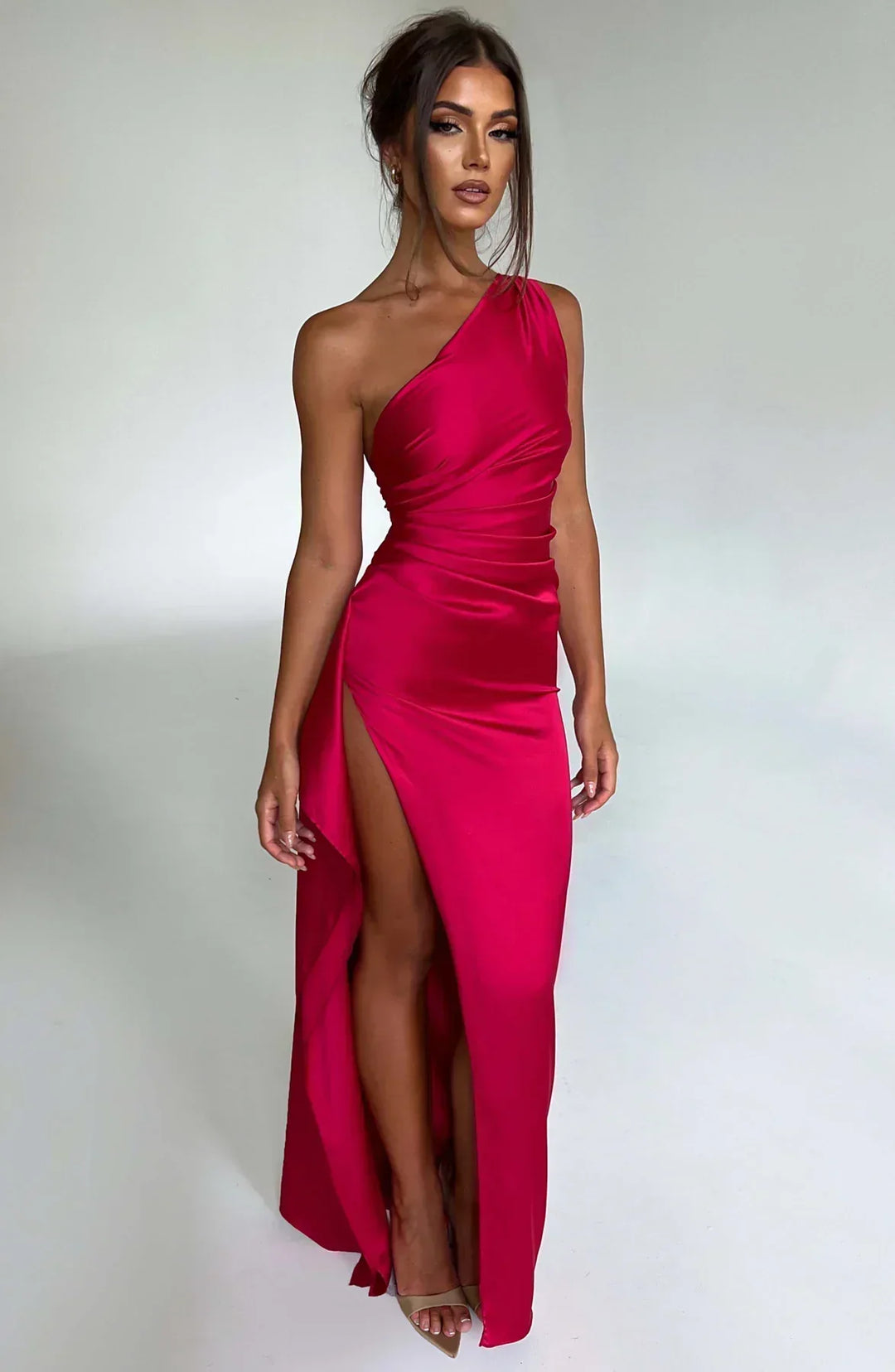 Satin Split Dress with One Shoulder - Vivienne-Red-XS-The Livary