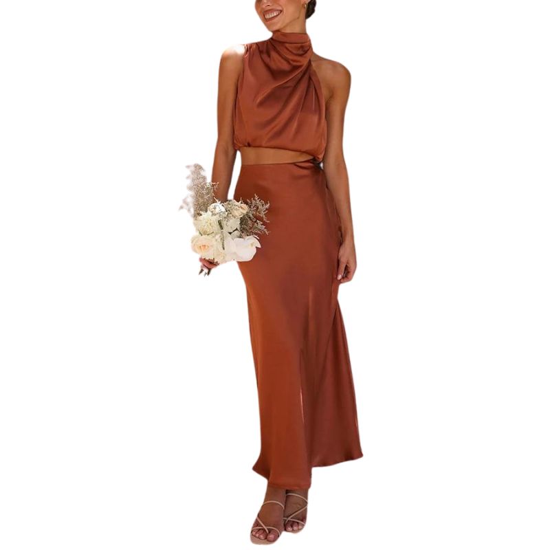Satin two-piece set with skirt – Lina-Brown-S-Nora Luxe