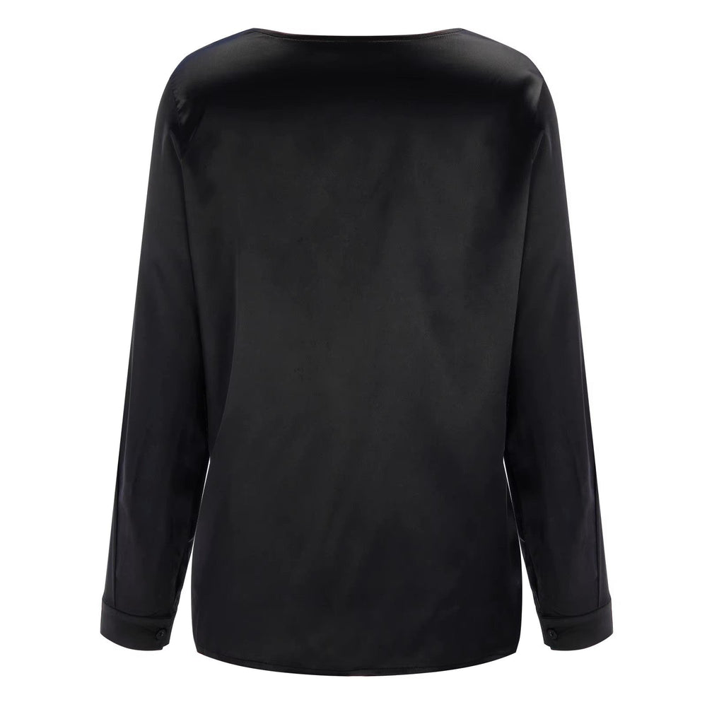 Satin women's shirt with deep V-neck & long sleeves – Daria-Black-S-Nora Luxe