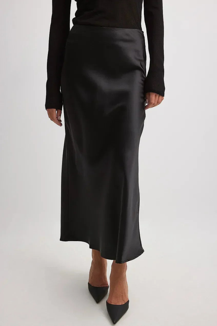 Satinette ladies' skirt with high waist – Elena-S-Black-Nora Luxe