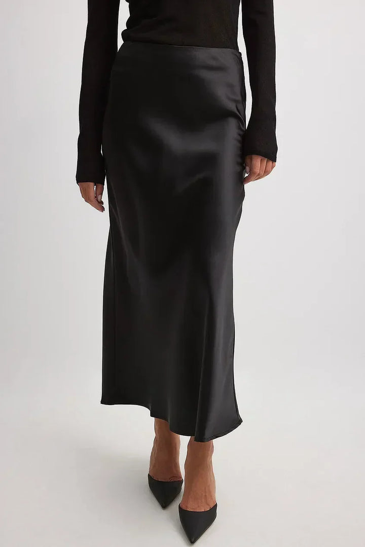 Satinette ladies' skirt with high waist – Elena-S-Black-Nora Luxe