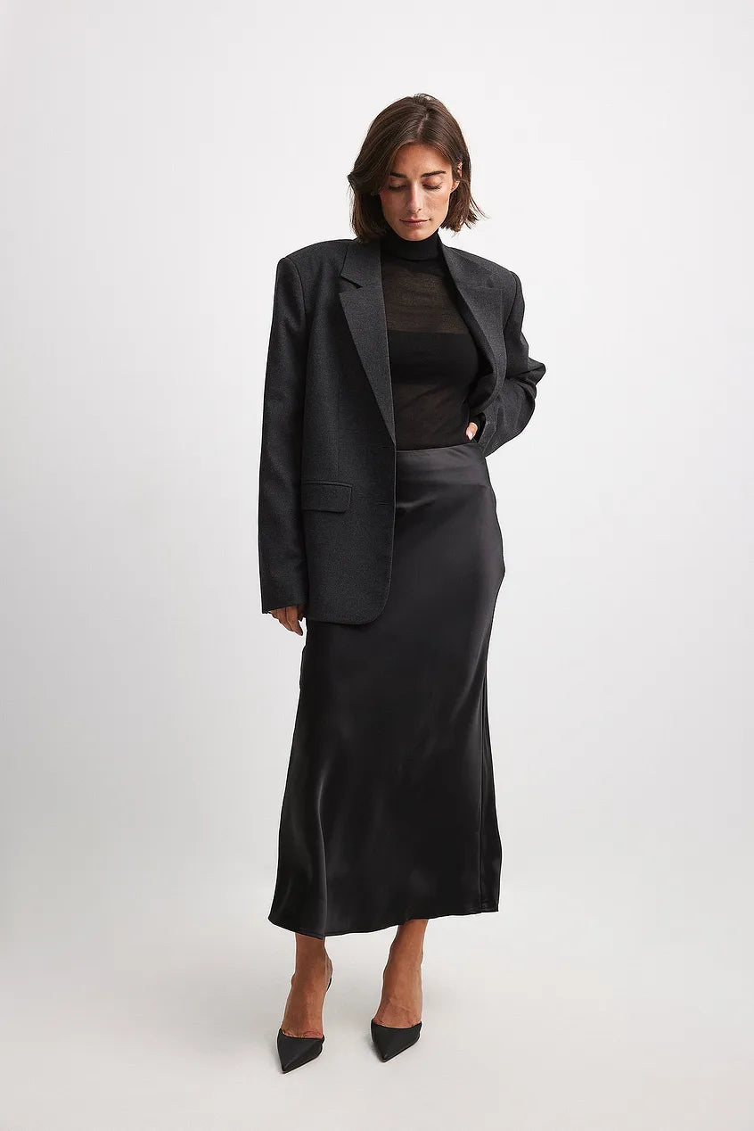 Satinette ladies' skirt with high waist – Elena-S-Black-Nora Luxe