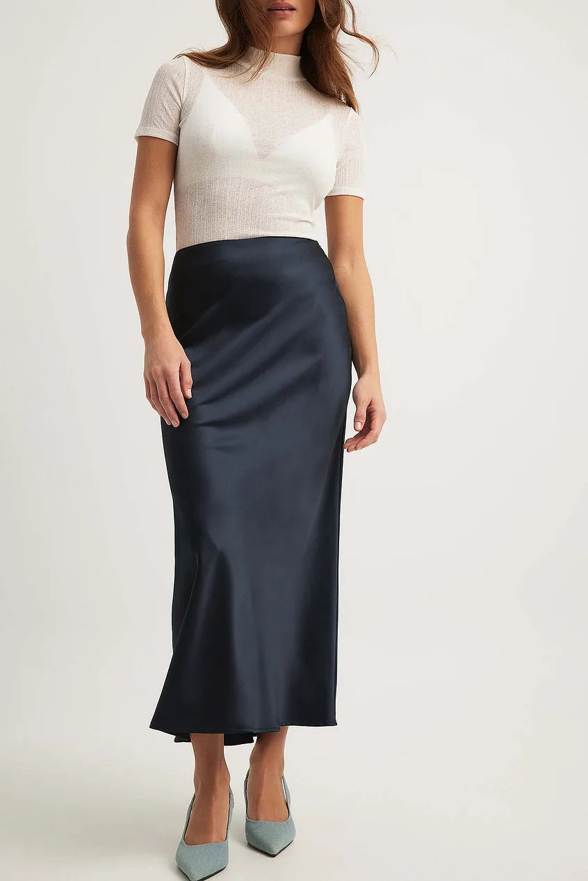 Satinette ladies' skirt with high waist – Elena-S-Dark blue-Nora Luxe
