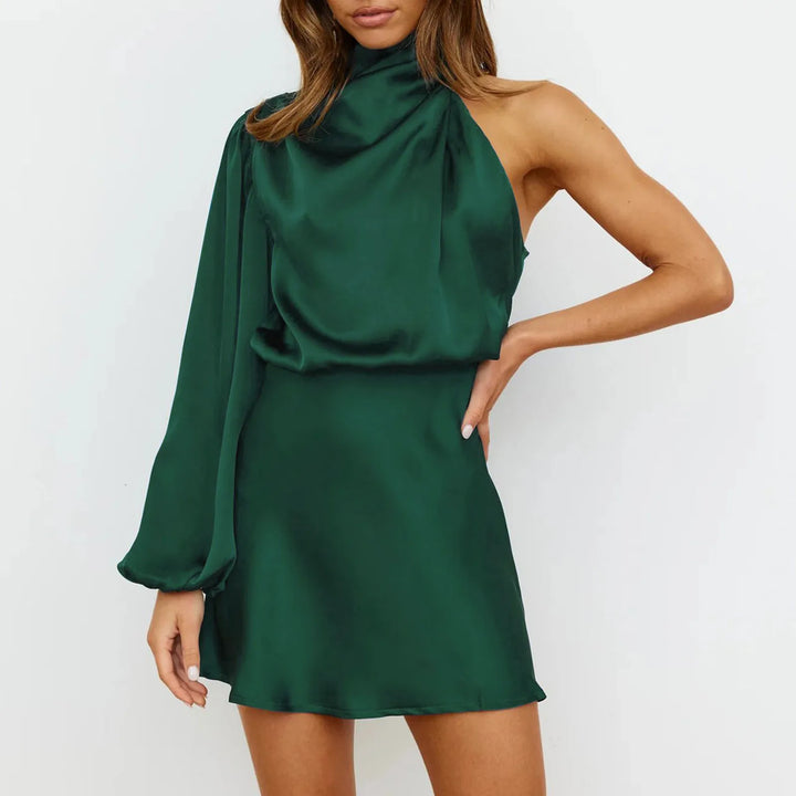 Satinised Women's Mini Dress with One-Shoulder Design & Asymmetrical Sleeve – Elvira-Pink-XS-Nora Luxe