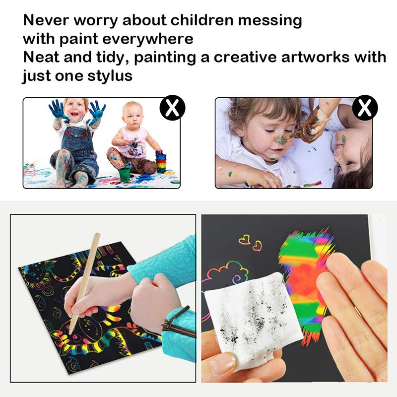 Scratch card set with Magical Rainbow Colors - ColorBurst-50× Paper + 4× Card Shapes + 5 Magic Pencils + 1× Brush and Sharpener-Nora Luxe
