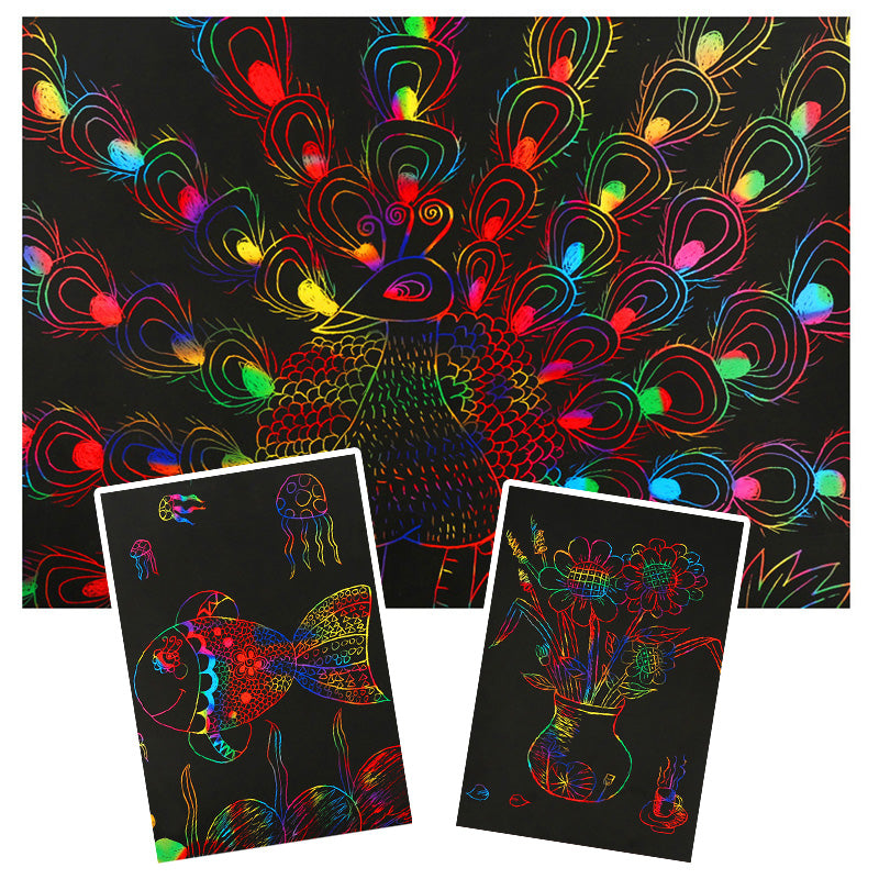 Scratch card set with Magical Rainbow Colors - ColorBurst-50× Paper + 4× Card Shapes + 5 Magic Pencils + 1× Brush and Sharpener-Nora Luxe