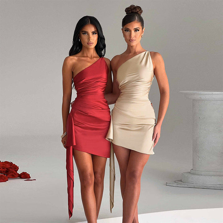 Seductive One-Shoulder Mini Dress – Aurora-Beige-S-Nora Luxe