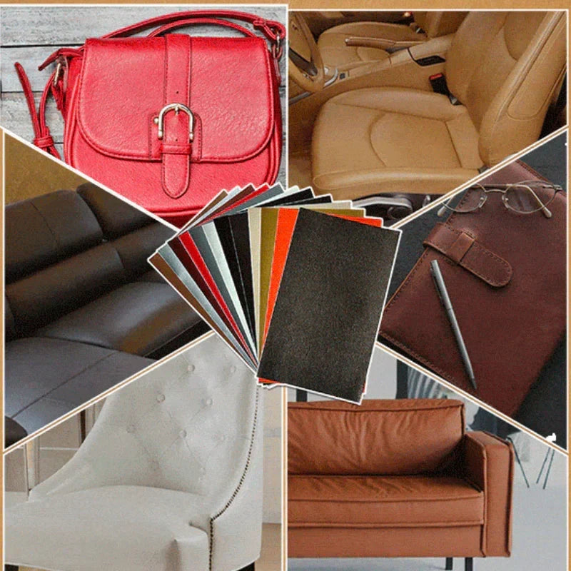 Self-Adhesive Leather Repair Patch detail showing uses on a handbag, car seat, sofas and a chair.