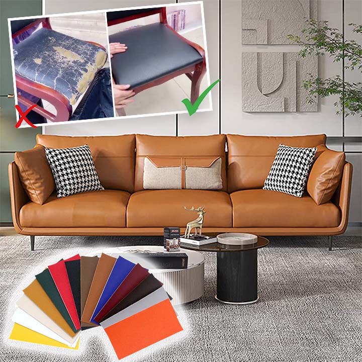 Self-Adhesive Leather Repair Patch sheets in beige, black, blue, brown, green, grey, orange, red, white and yellow.