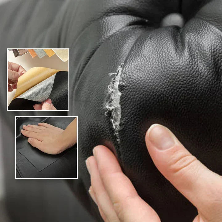 Self-Adhesive Leather Repair Patch detail showing a black patch being pressed onto a torn leather seat.