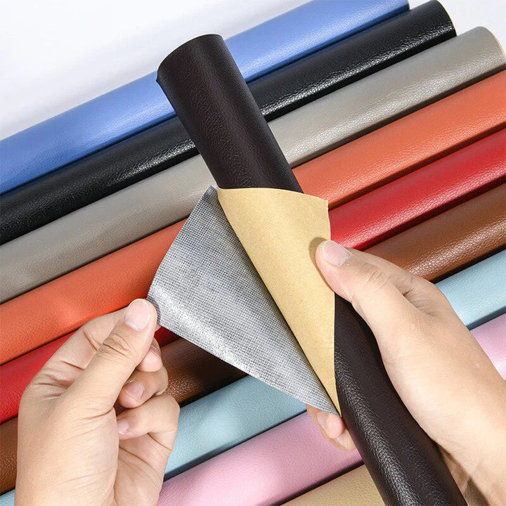 Self-Adhesive Leather Repair Patch detail showing the paper backing being peeled from a dark brown roll.