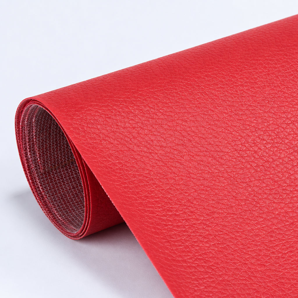 Self-Adhesive Leather Repair Patch bright red grained patch roll with mesh-textured backing.