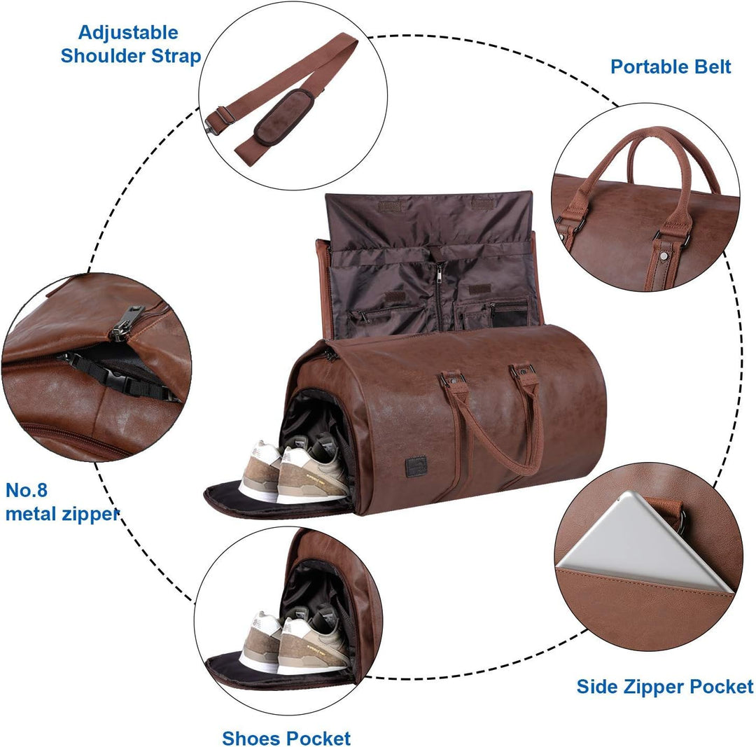 Convertible PU Leather Garment Duffel – Carry-On Weekender Suit Travel Bag