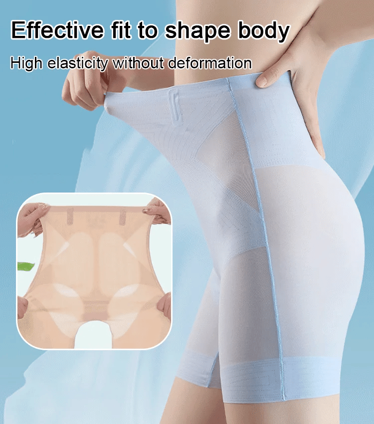 3-in-1 Shaping Shorts in beige with a close-up of the waistband and an inset of the shorts being stretched