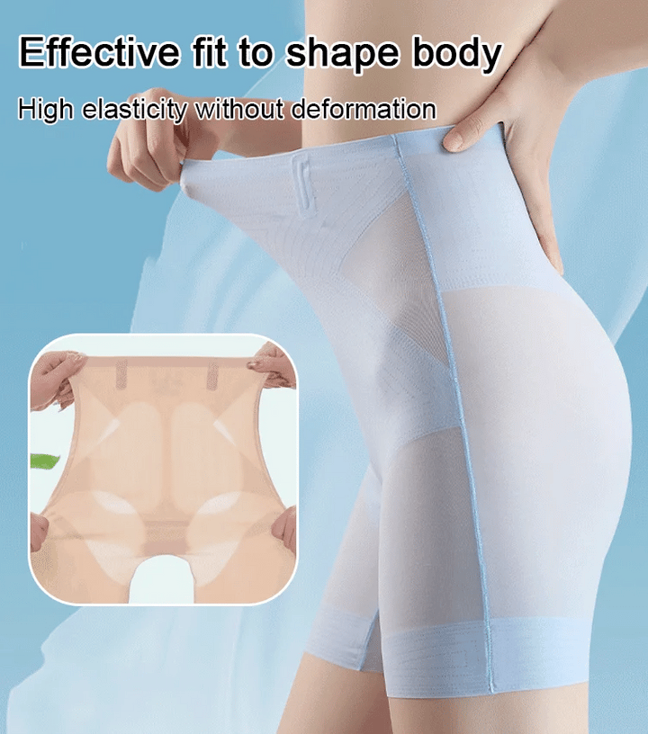 3-in-1 Shaping Shorts in beige with a close-up of the waistband and an inset of the shorts being stretched