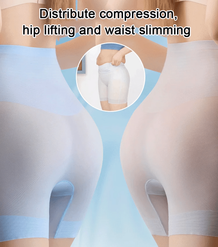 3-in-1 Shaping Shorts back view in light blue and white with a waistband adjustment inset