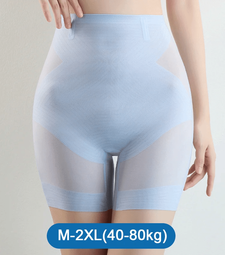 3-in-1 Shaping Shorts front view in light blue with textured stripes, sheer thigh panels and wide leg bands