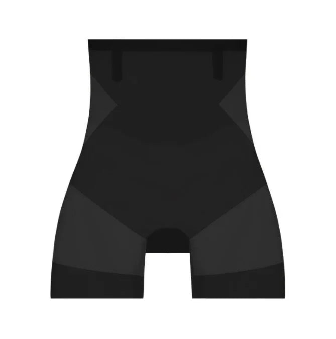 3-in-1 Shaping Shorts in black flat front view with sheer side and thigh panels, another view