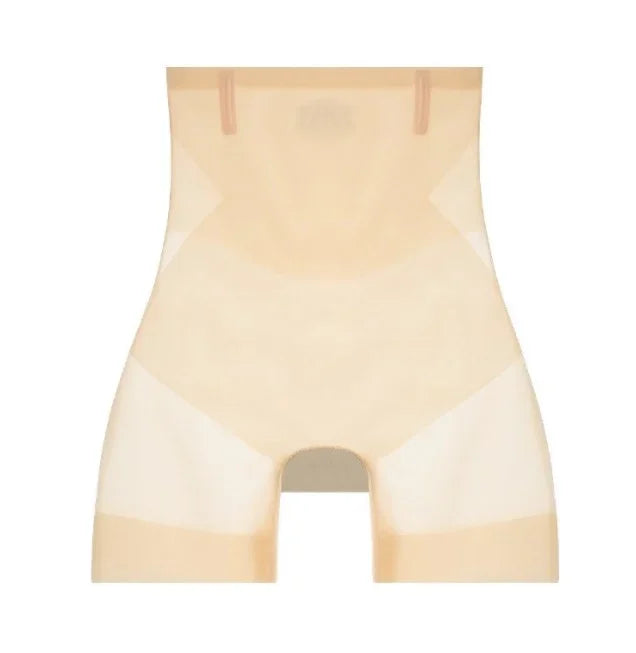 3-in-1 Shaping Shorts flat front view in beige with sheer side panels and small waistband tabs