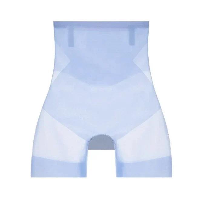 3-in-1 Shaping Shorts flat front view in light blue with sheer side panels and two small waistband tabs