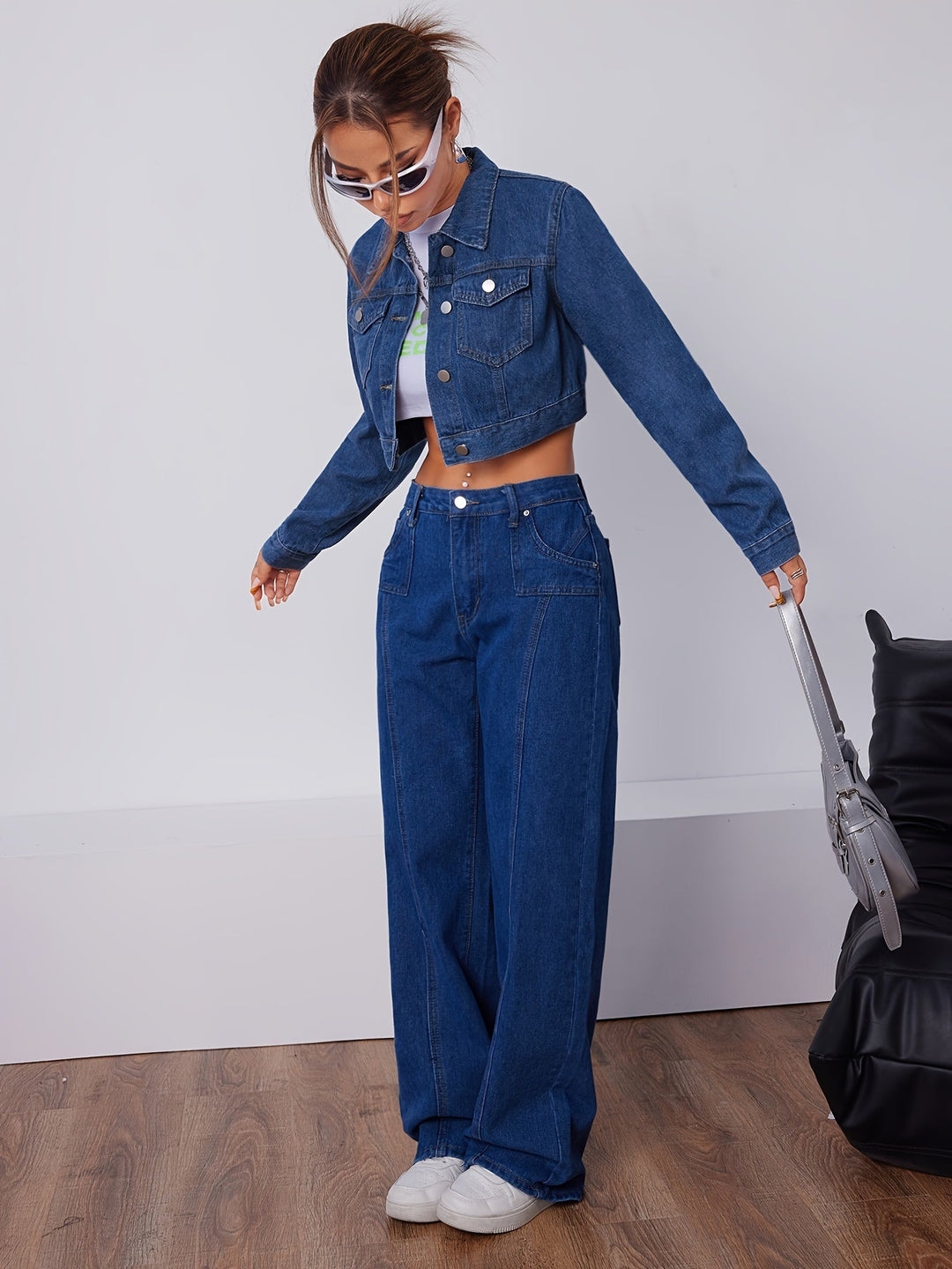 Short Fitted Denim Jacket in Vintage Blue - Elise-XS-Nora Luxe